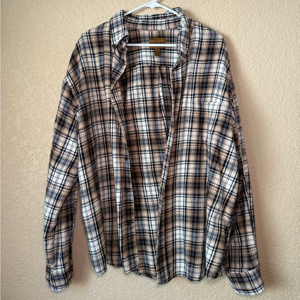 St. John's Bay plaid button-up tan shirt
